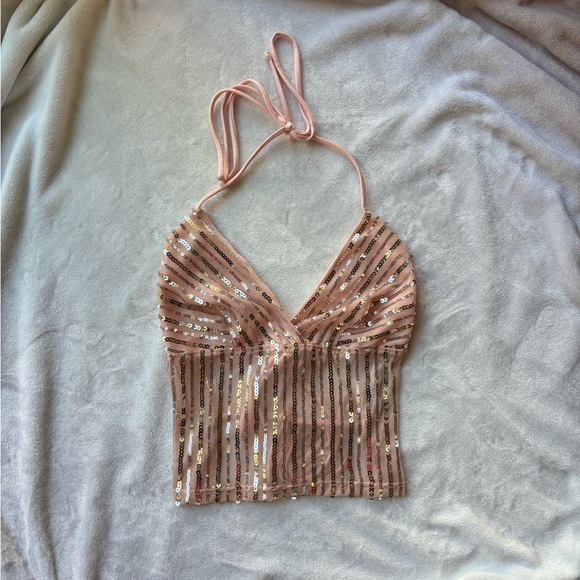 Urban Outfitters Tops - urban outfitters pink y2k cropped halter open back sequin bead cami tank top